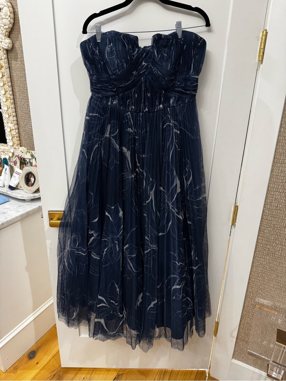 Hutch Strapless Navy Marble-Print Pleated Midi Dress - Picture 4 of 5
